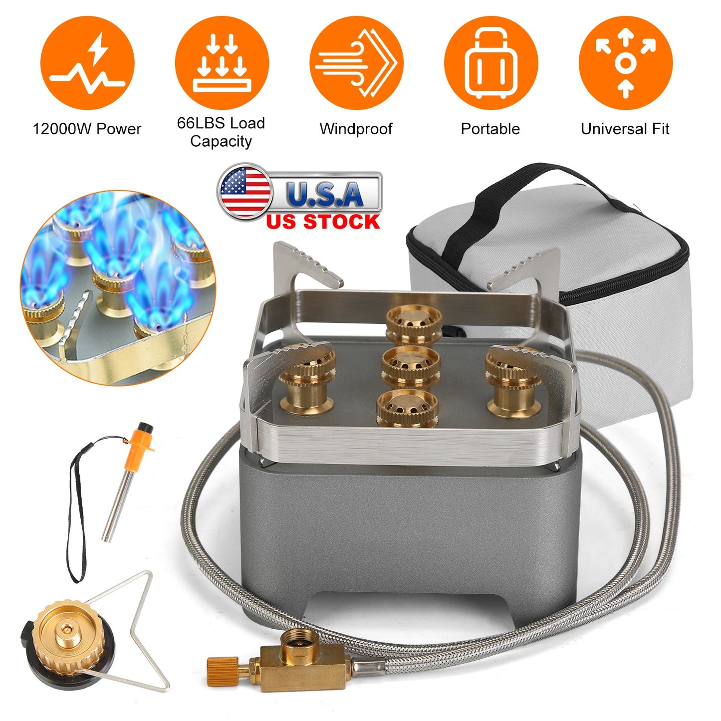 12000W Portable Camping Stove With Cassette Adapter Windproof Outdoor Backpacking Burner with Carrying Case Igniter for Outdoor Hiking Camping Picnic