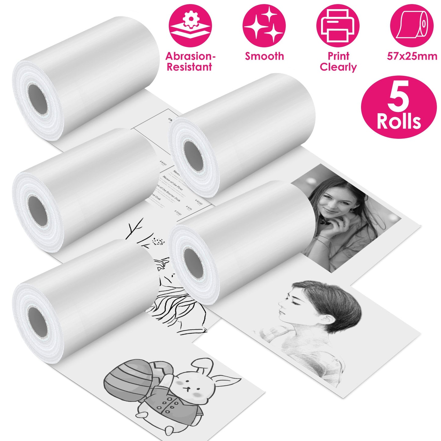 5 Rolls Regular Printer Paper Plate Mini Thermal Printing Paper White Mini Printer Photo Paper Fit for Wireless Thermal Mini Printer 57x25mm
