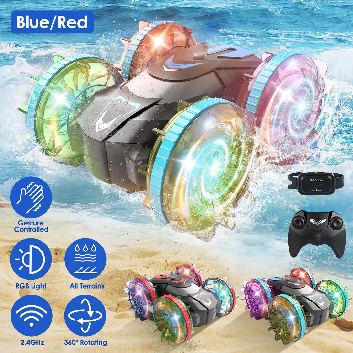 2 In 1 Amphibious RC Car Waterproof Stunt Car with Wrist Controller 4WD 360¡ Rotating Gesture Car with RGB Lights for Kids Aged 6+ Years Old Double-si