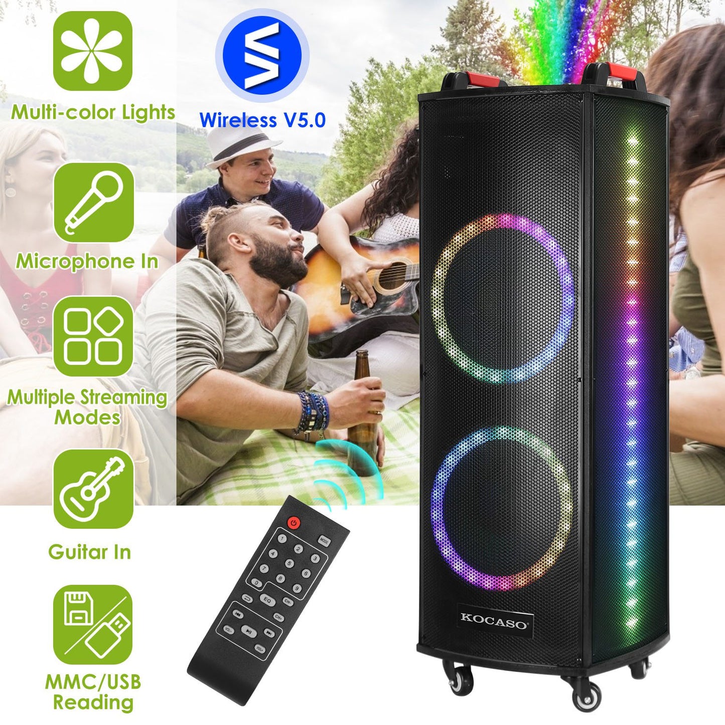 Portable Wireless Party Speaker Colorful Lights DJ PA System with TWS Function FM Radio USB MMC Card Reading Aux In Guitar Input Recording Function Mi