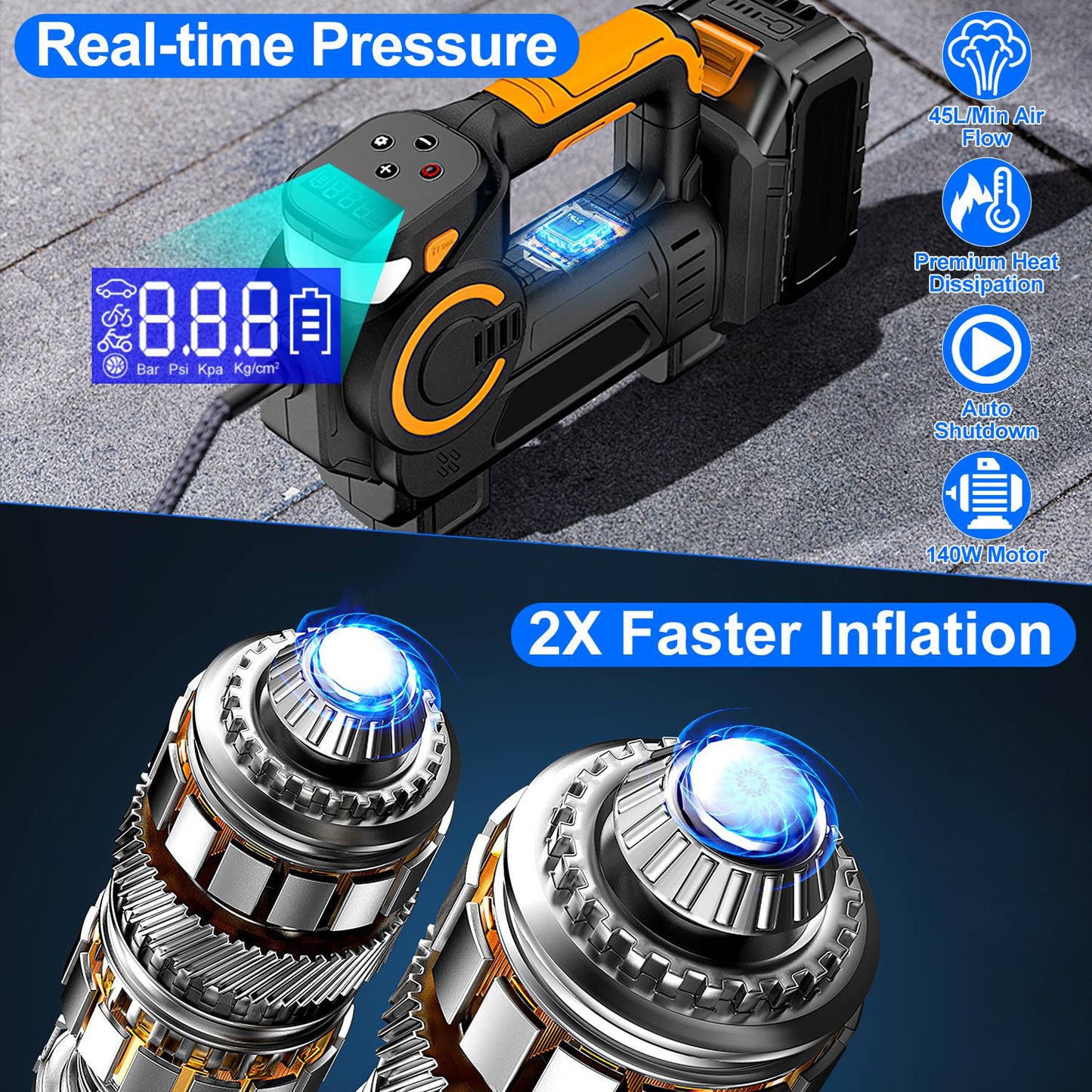 140W 150PSI 21V Battery Powered Tire Inflator Cordless Air Pump Digital Air Compressor with LED Light for Cars Motorcycles Bicycles Balls