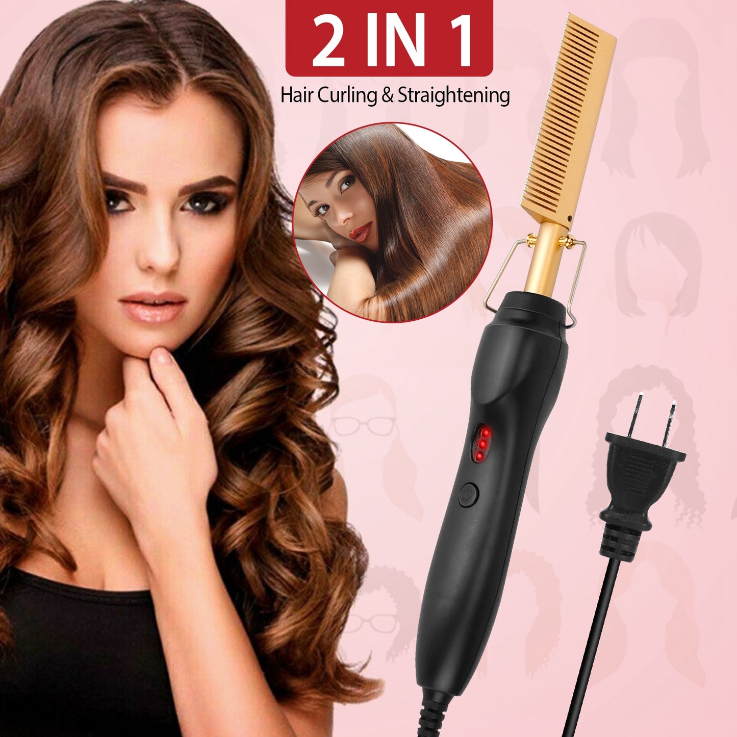 Electric Heating Hair Comb PTC Ceramic Hair Straightener Curler Brush Hair Straight Styler Wet Dry Use w/ 3 Temperature Adjustment