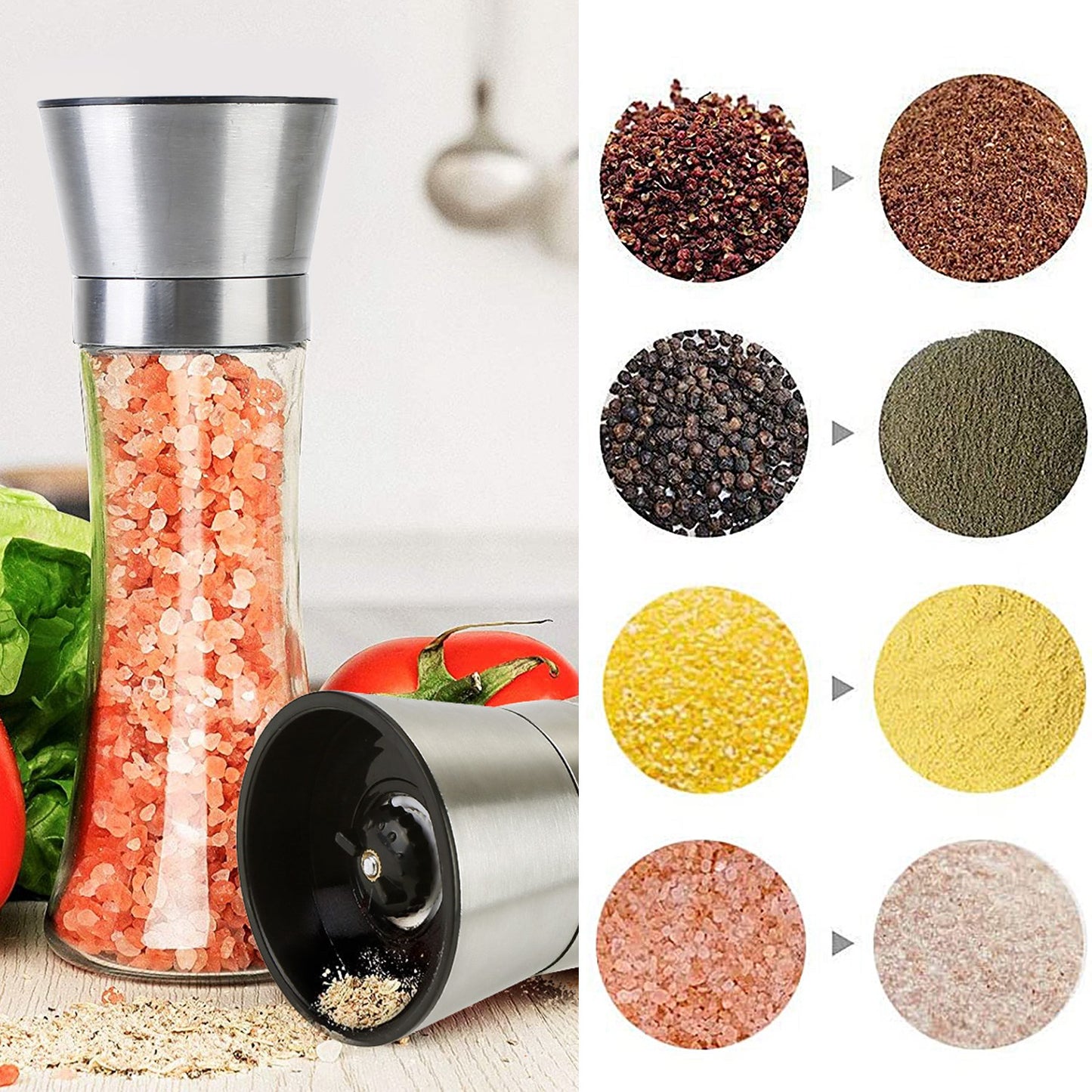 Stainless Steel Salt Pepper Grinder Tall Glass Sea Salt & Pepper Mill Shaker w/ Adjustable Coarseness