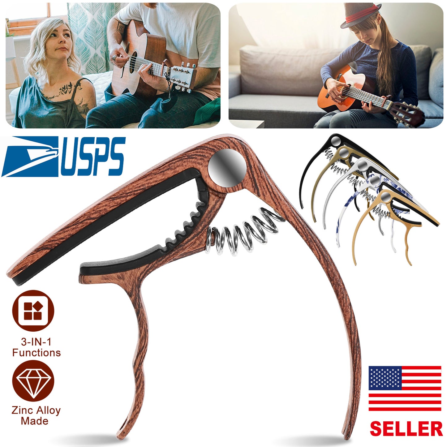 Universal Acoustic Guitar Capo 3 in 1 Zinc Alloy for Acoustic Electric Guitar Classical Acoustic Guitar Ukulele Guitar Tuning Accessories