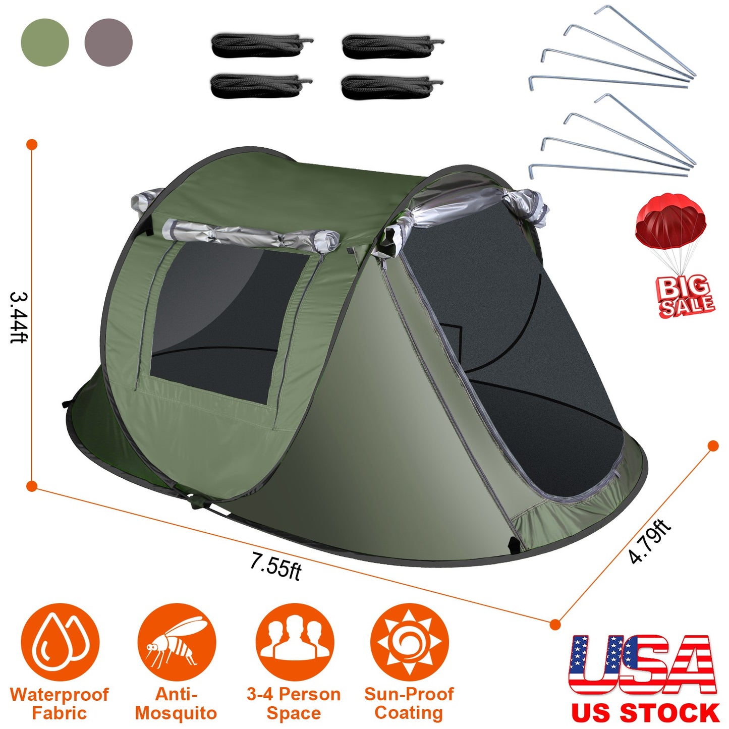 3-4 Person Pop Up Tent Automatic Setup Camping Tent Waterproof InstantÊSetup Tent with 2 Mosquito Net Windows Carrying Bag for Hiking Climbing Adventu