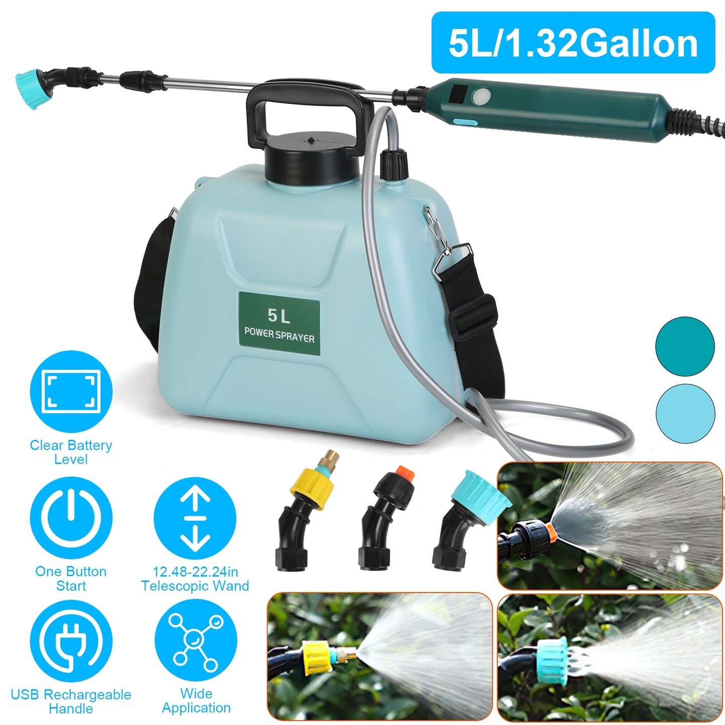 5L/1.32Gallon Battery Operated Water Sprayer Portable Garden Sprayer Electric Sprayer with Rechargeable Handle Telescopic Wand 3 Spray Nozzles Shoulde