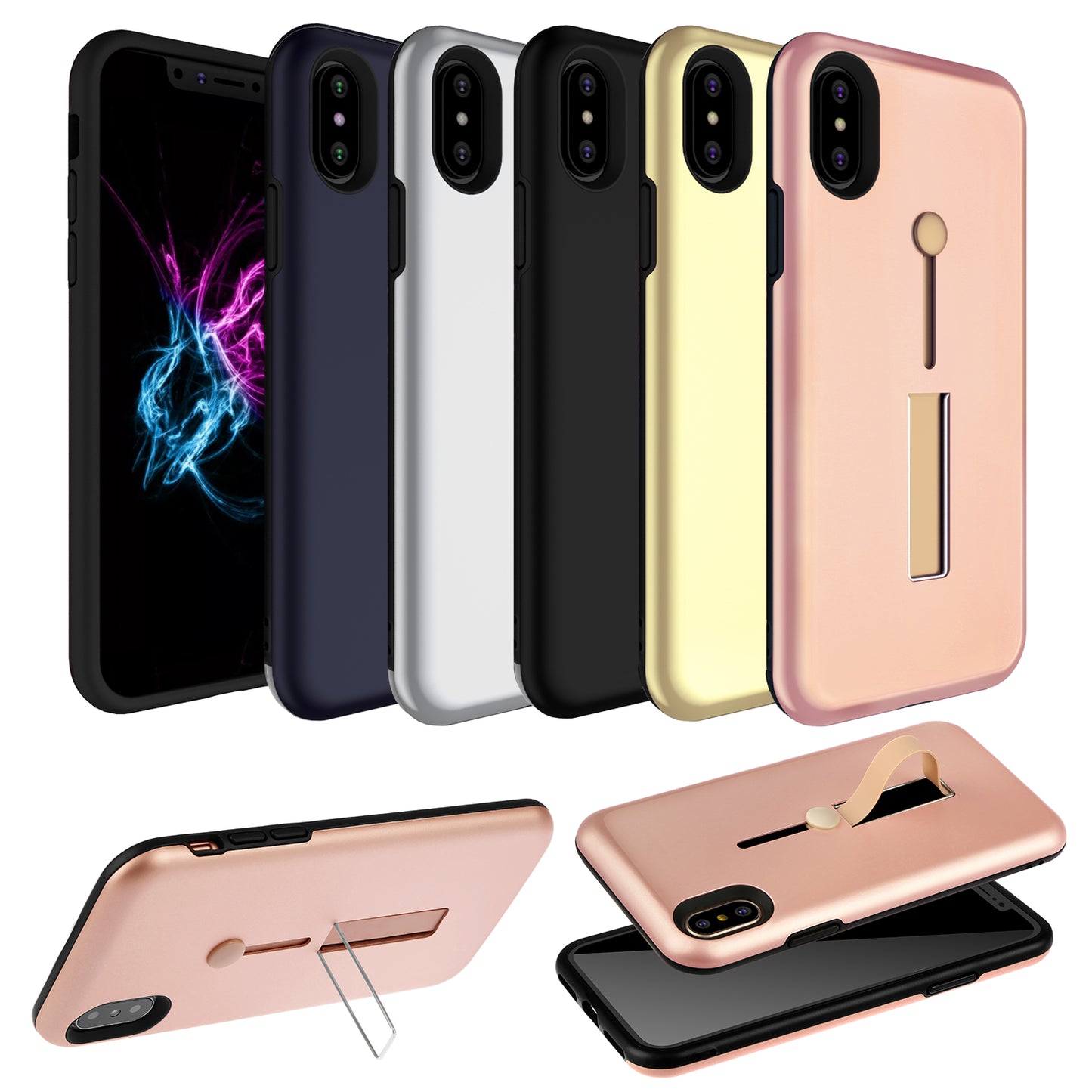Finger Strap Phone Case for iPhone X Drop-protection Finger Ring Rugged Phone Case with Kickstand Dual Layer Case