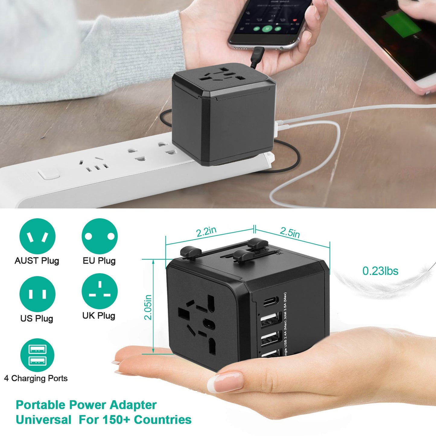 Universal Travel Power Adapter All in One AC Power Plug Adapter International Wall Charger with 4 Charging Ports for Phones Tablets Cameras US UK EU A