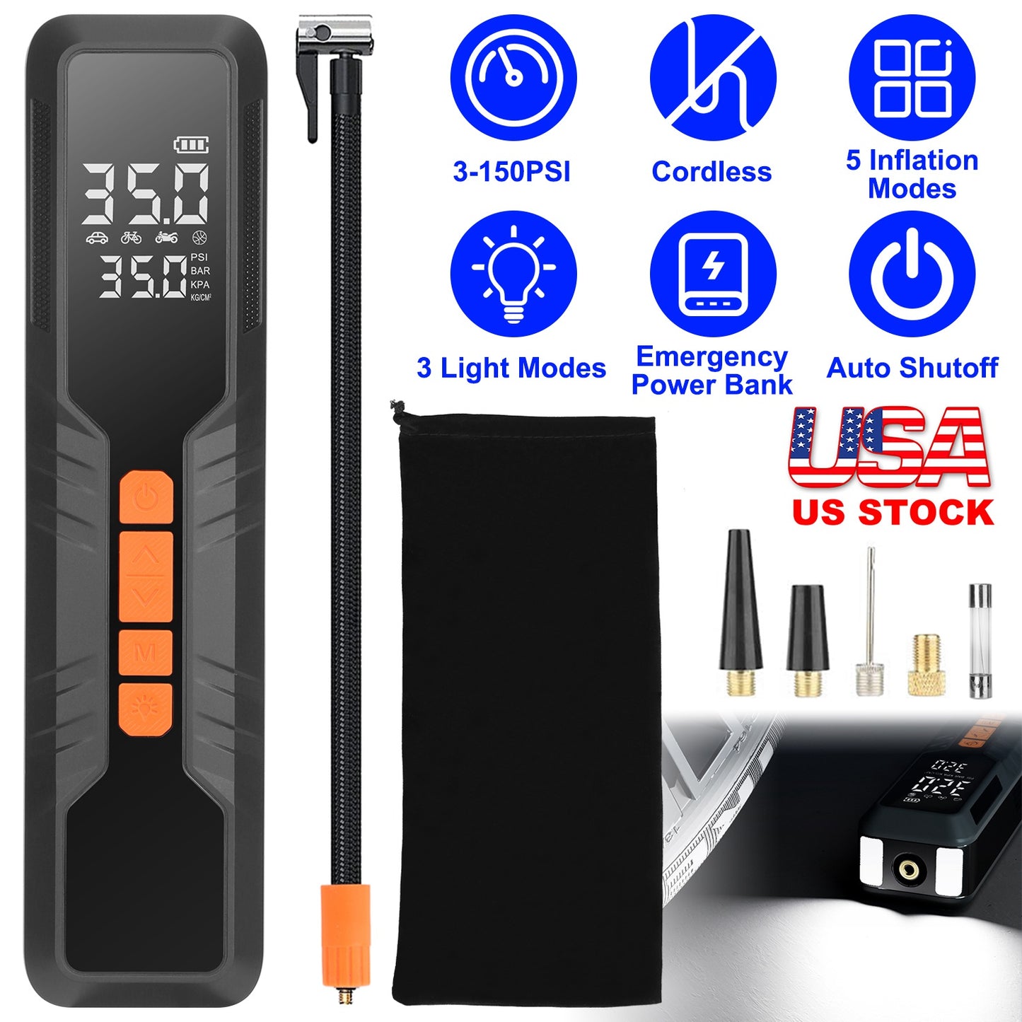 150PSI Portable Tire Inflator Cordless Digital Air Compressor Compact Air Pump with 5 Inflation Modes 3 Light Modes Emergency Power Bank