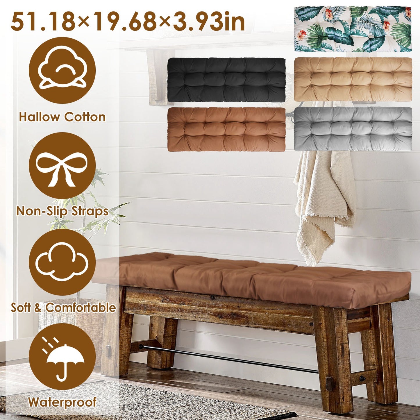 Bench Seat Cushion For Indoor Outdoor Furniture Non Slip Long Chair Cushion with Ties Strap Waterproof Swing Cushion 51.18x19.68IN For Garden Patio Ba