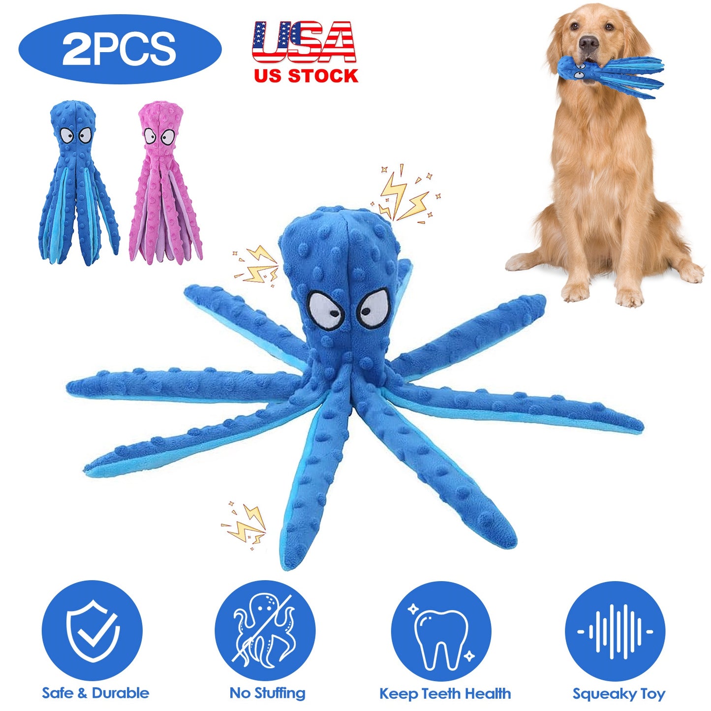 2Pcs Squeaky Dog Toys No Stuffing Crinkle Plush Octopus Dog Teething Toy Interactive Dog Toy Dog Training Toy For Puppy Small Medium Large Dog