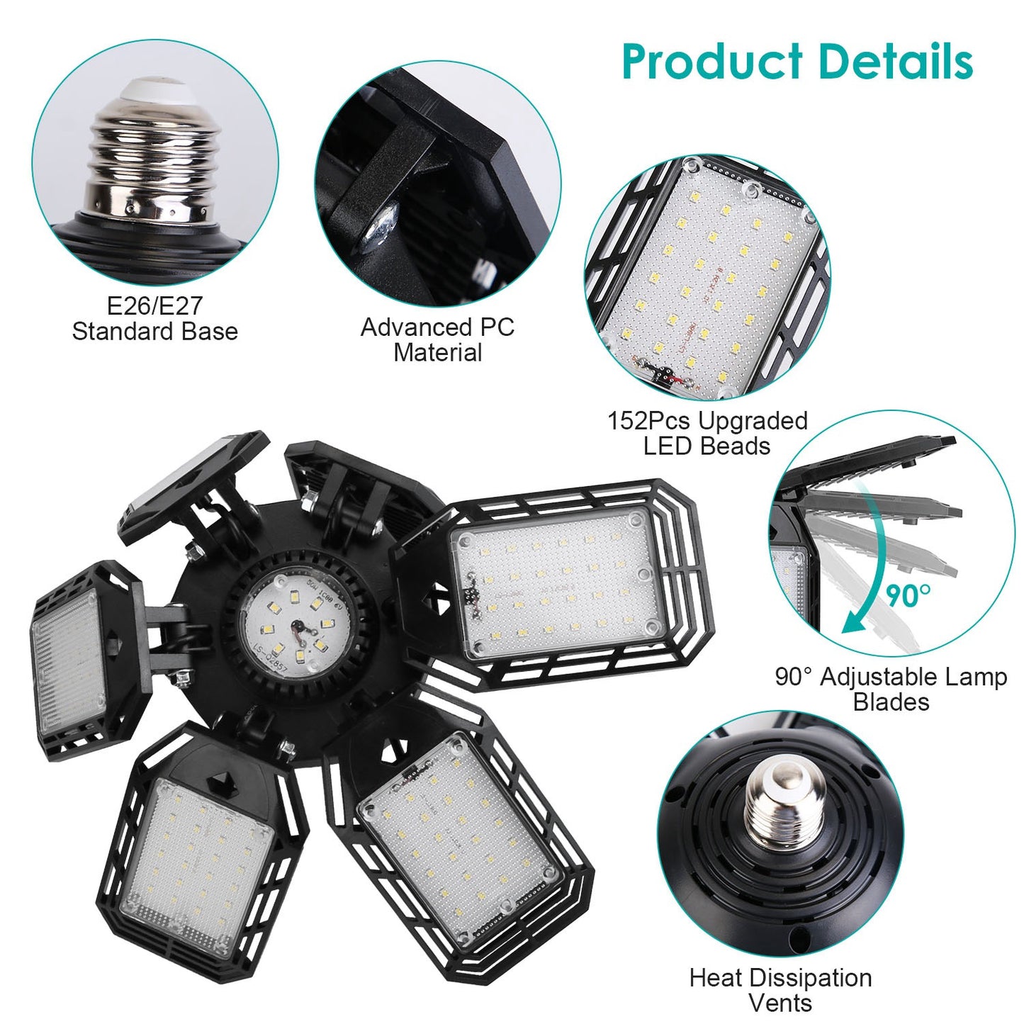 2 Packs LED Garage Lights 160W LED Shop Light Deformable E26/E27 Garage Ceiling Lights with 6 Adjustable Lighting Blades for Garage Basement Shop
