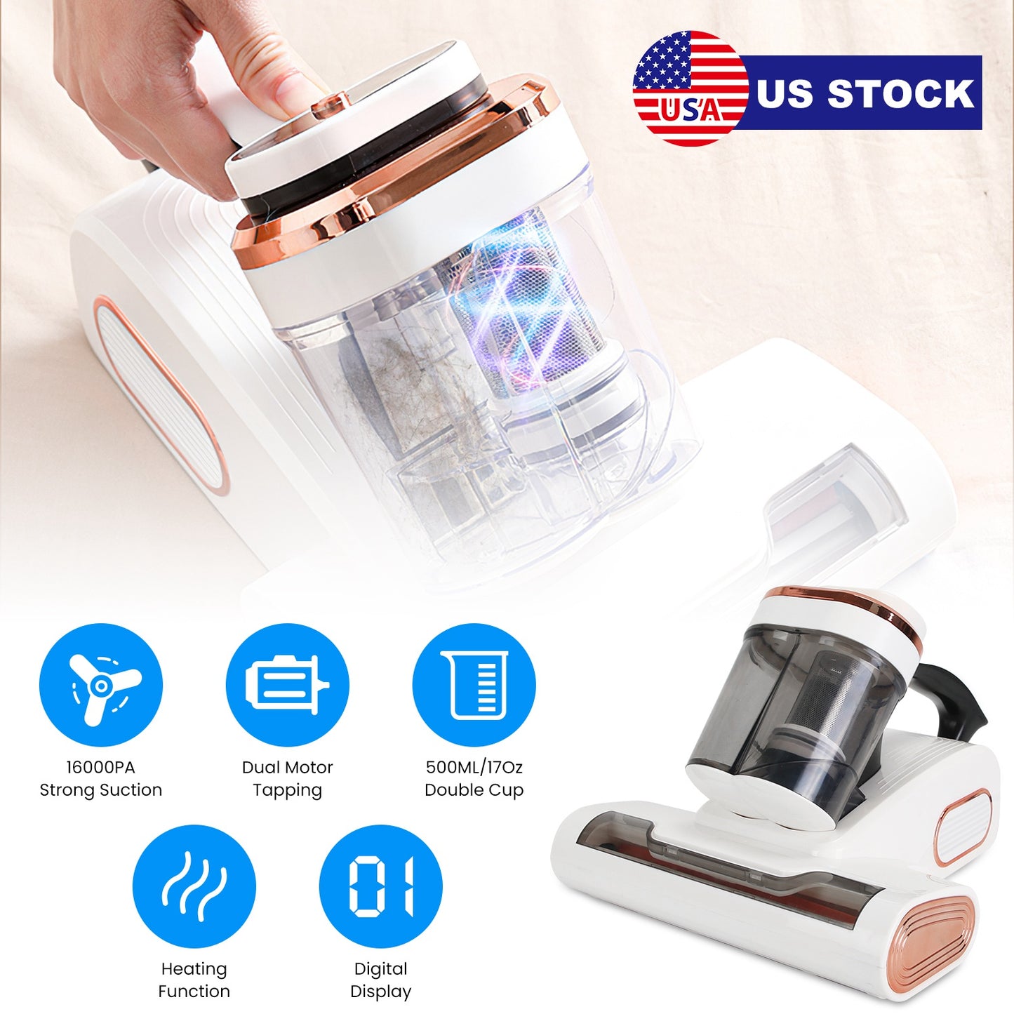 16000PA Double-Cup Bed Vacuum Cleaner 500W Mattress Handheld Vacuum Dust Mites Remover with Heating Function for Bed Sofa Rug