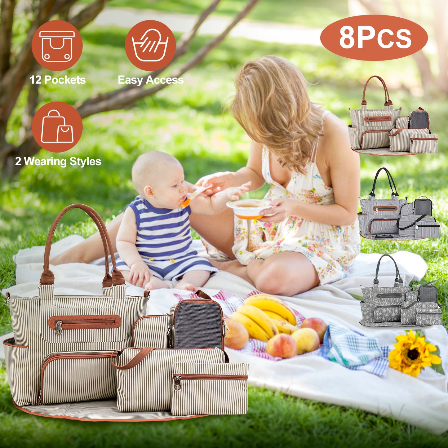 8Pcs Baby Nappy Diaper Bags Set for Mom Dad Mummy Handbags Multifunctional Diaper Changing Bags with Bottle Bag Mesh Bag Purse Diaper Pad 2 Burp Cloth