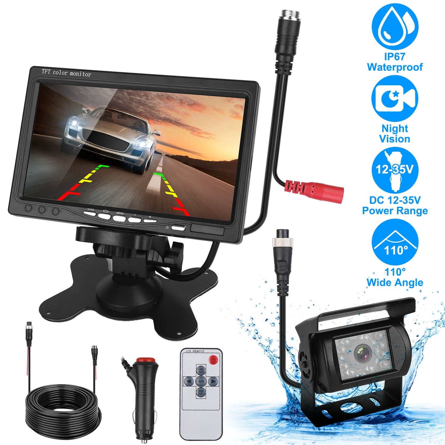 7In Screen Backup Camera System Vehicle Rear View Monitor Kit IP67 Waterproof Car Parking Reverse System with Night Vision for Car Trunk Van SUV