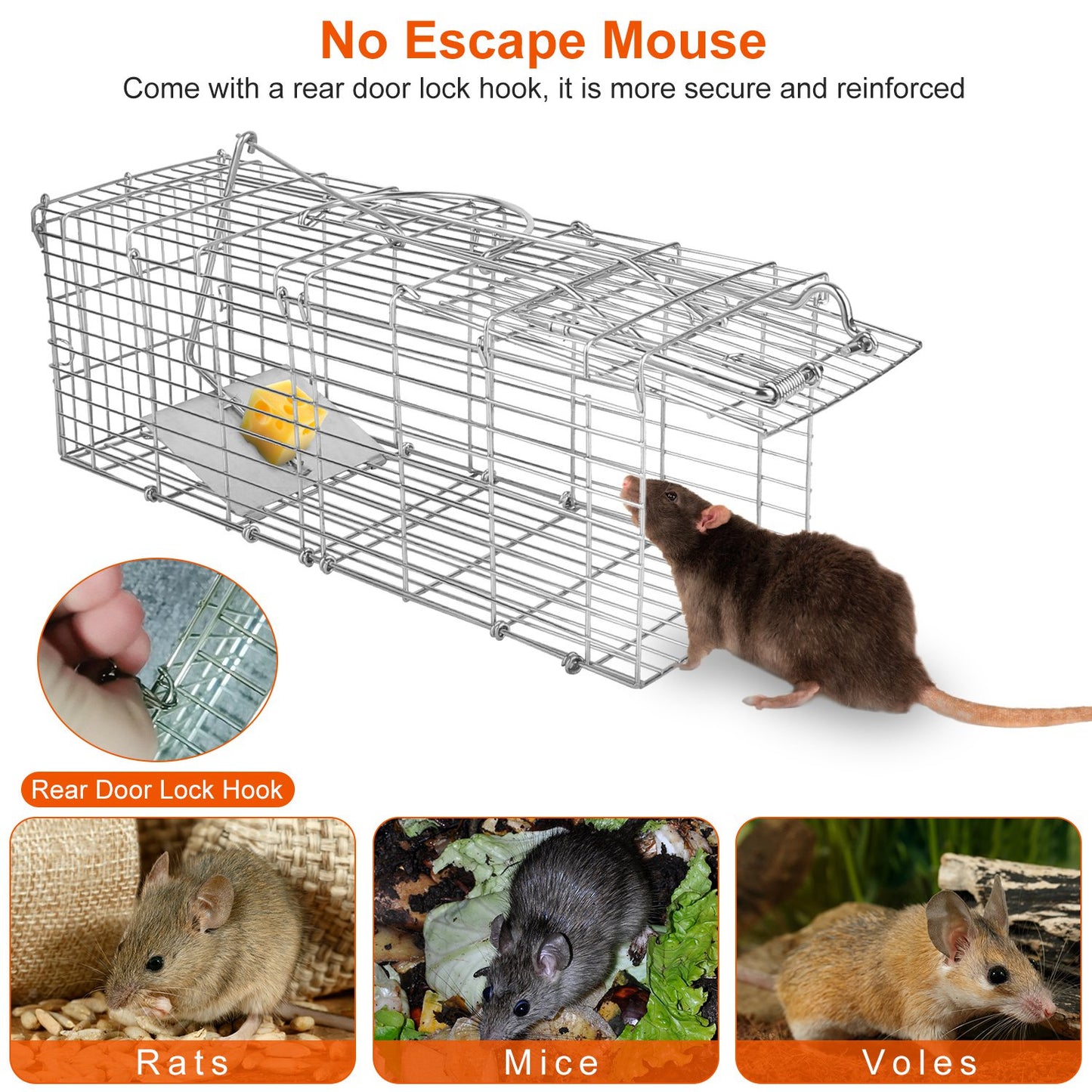 Foldable Rat Trap Cage Humane Live Rodent Trap Cage Galvanized Iron Mice Mouse Control Bait Catch with Detachable L Shaped Rod