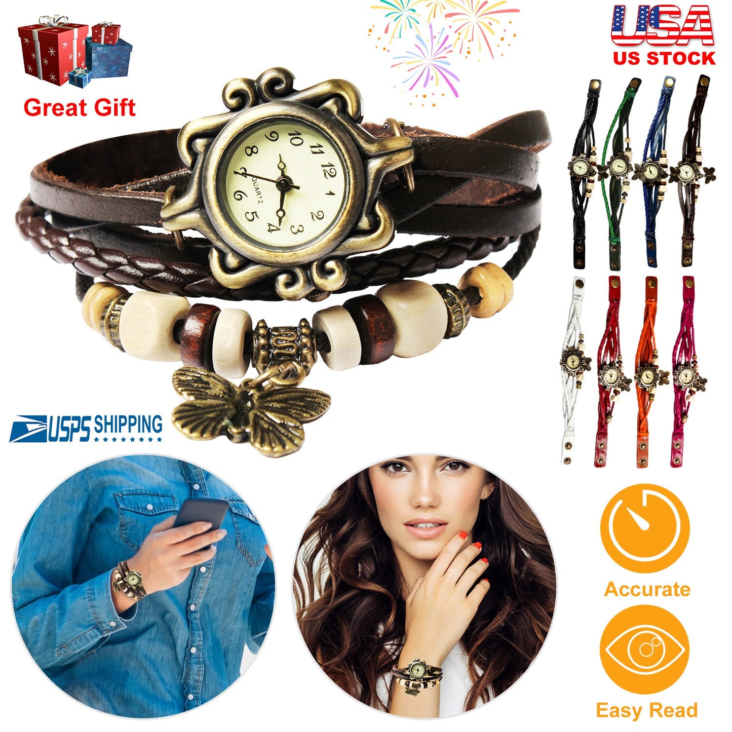 Vintage Women\'s Watch Bohemian Handmade Leather Watch Quartz Wrist Watch Fashion