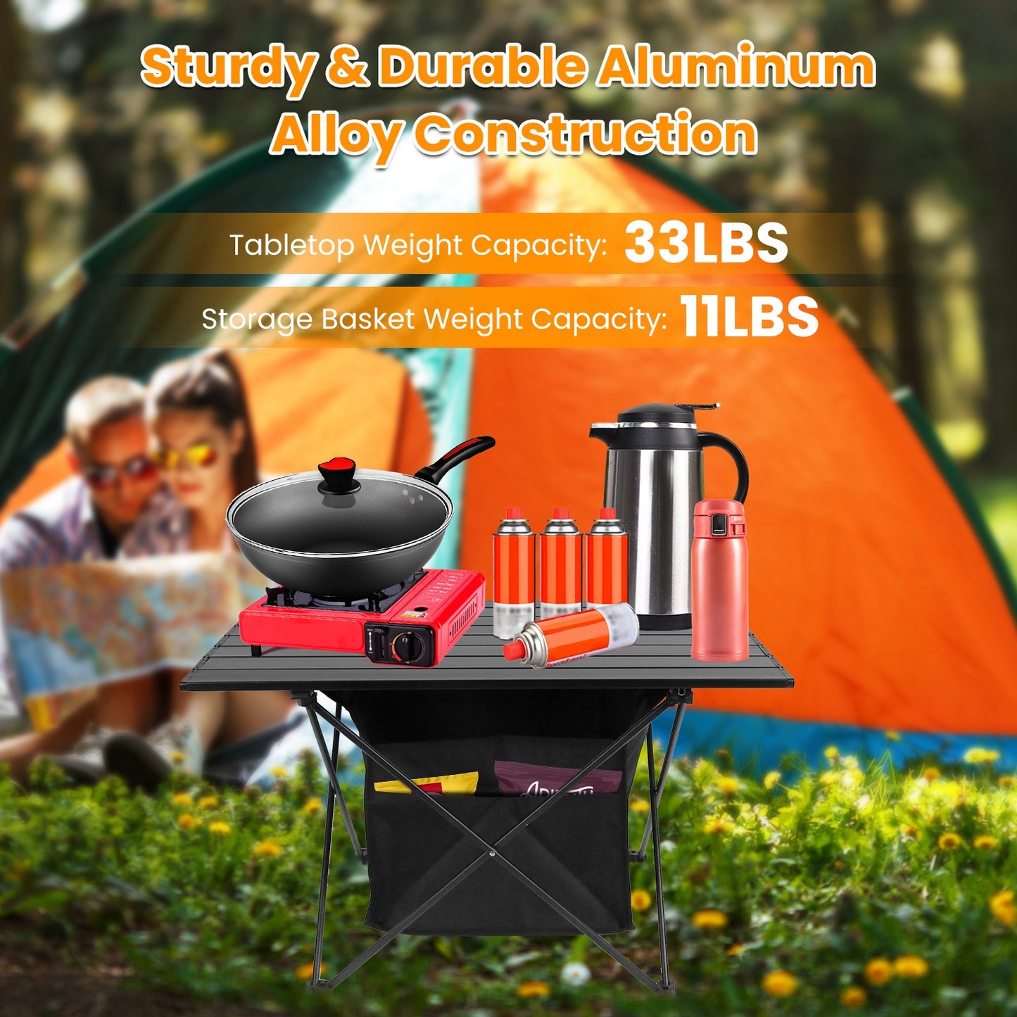 Foldable Camping Table With Storage Basket Rustproof Portable Aluminum Alloy Roll-Up Camping Table With Carrying Bag For Camping Hiking BBQ Picnic Fis