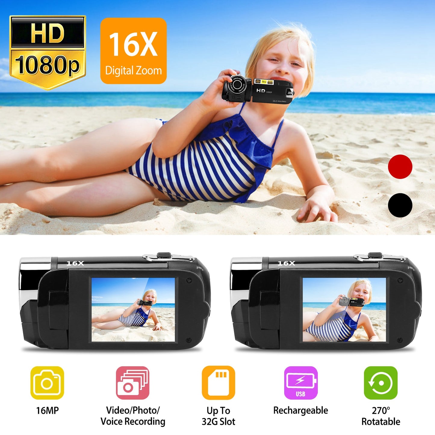HD 1080P Digital Video Camcorder 2.7in 16X Zoom DV Camera 270¡ Rotation Rechargeable Kid Camera w/Fill Light Selfie