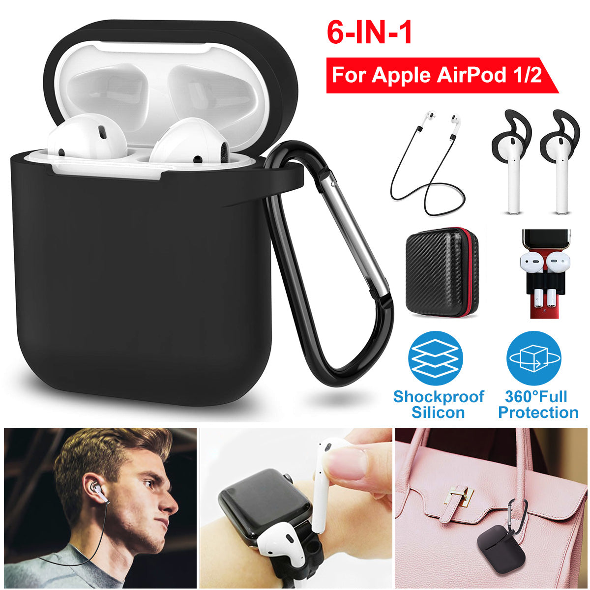 Silicone Case for Apple AirPod 1 2 AirPods Protective Cover Skin w/Strap Ear Hooks Watch Band Holder