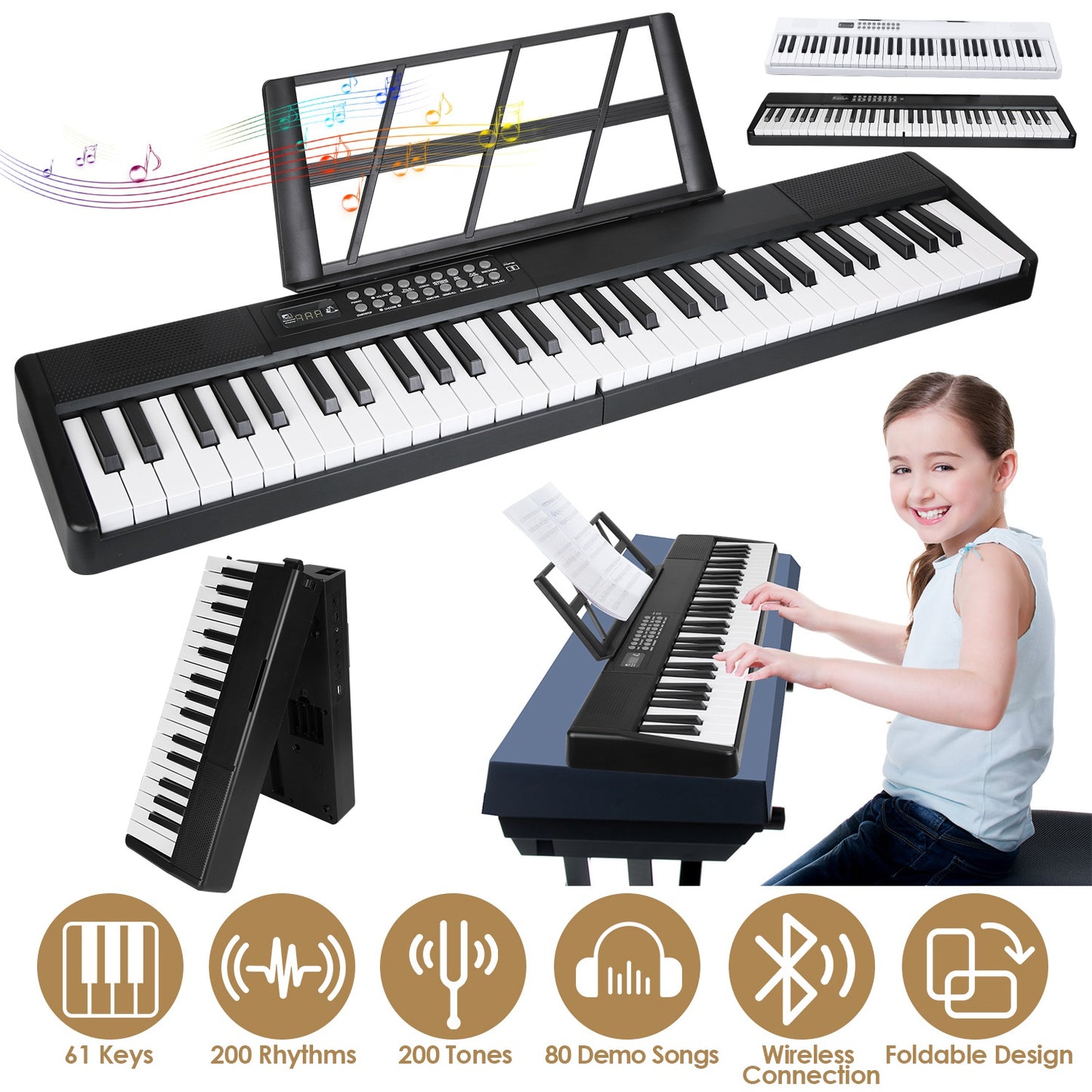61Keys Foldable Electronic Piano Keyboard With Micro Audio Sustain Pedal Music Stand Storage Bag Portable Wireless MiDi Connection Keyboard For Beginn