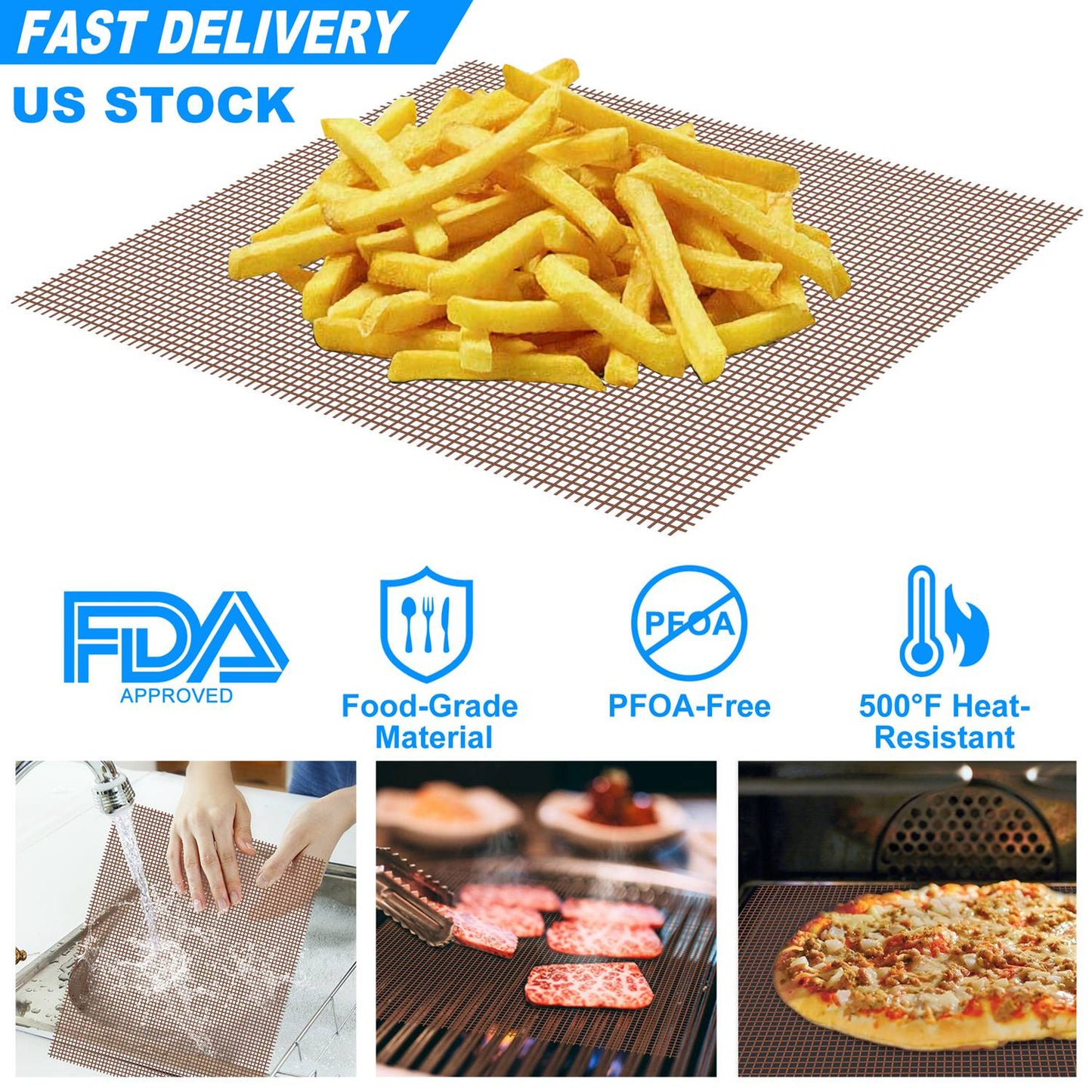 BBQ Grill Mat Non-Stick Mesh Mat Baking Sheet Liner Reusable Reversible Washable for Outdoor Gas Charcoal