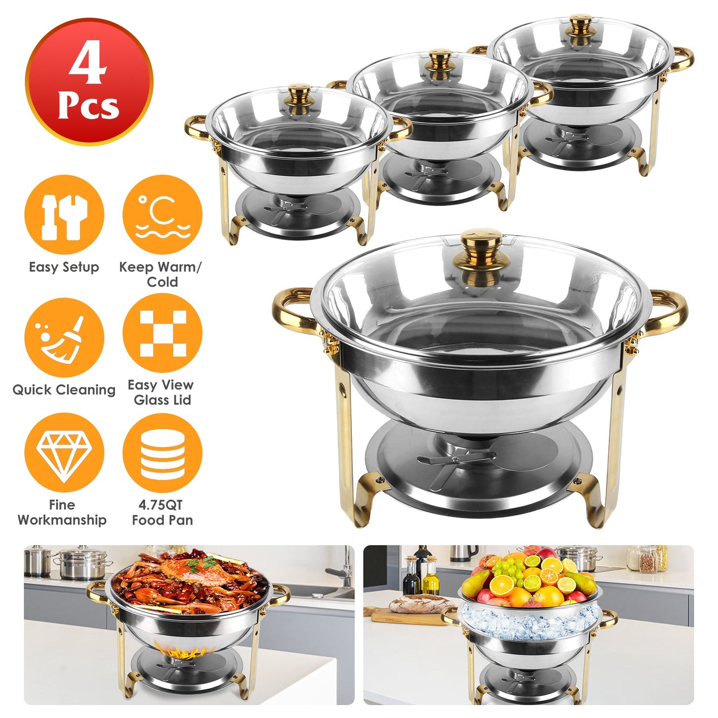 4Pcs Chafing Dish Buffet Set 4.76QT Round Buffet Servers Food Warmer Stainless Steel Catering Chafer with Glass Lid for Warming Cooling Gatherings Ban