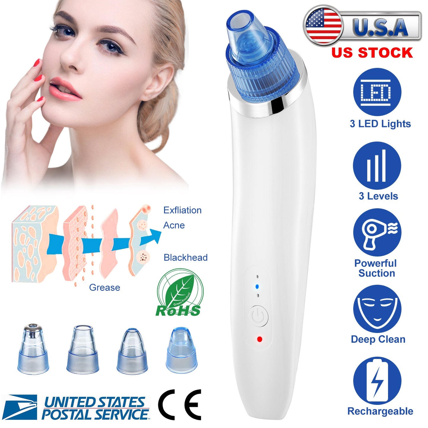Electronic Blackhead Remover Vacuum Suction Facial Acne Pore Cleaner Blackhead Extractor Tool Device with 4 Heads