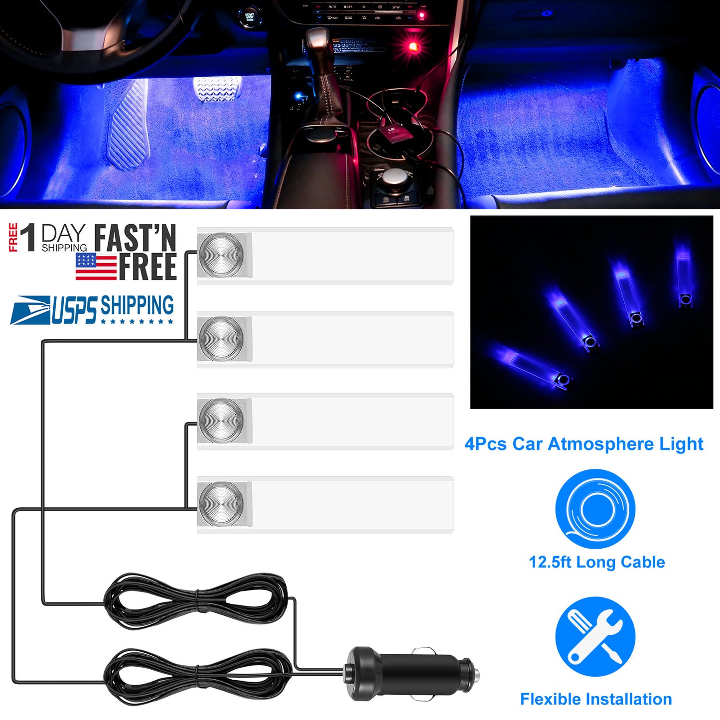 4Pcs Car Interior LED Atmosphere Light Car Charge Decorative Lamp DC 12V Blue Light