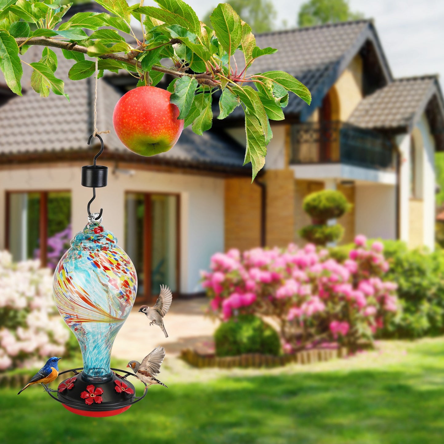 Glass Hummingbird Feeder 33OZ Hand Blown Hummingbird Feeder with 5 Flower Feeding Port Perch Ant Moat Hanging Hook S Hook Hemp Rope Cleaning Brush for