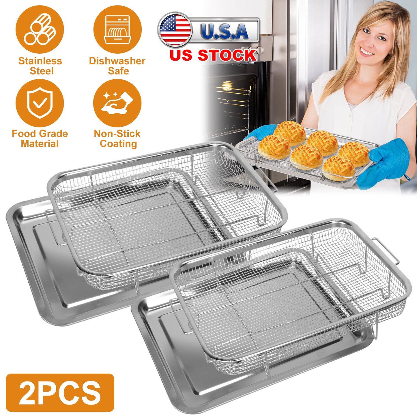 2Pcs Air Fryer Basket Tray 15.35x11.61in Stainless Steel Rustproof Non-Stick Oven Pan and Tray For Bake Grill Crispy Food Dishwasher Safe