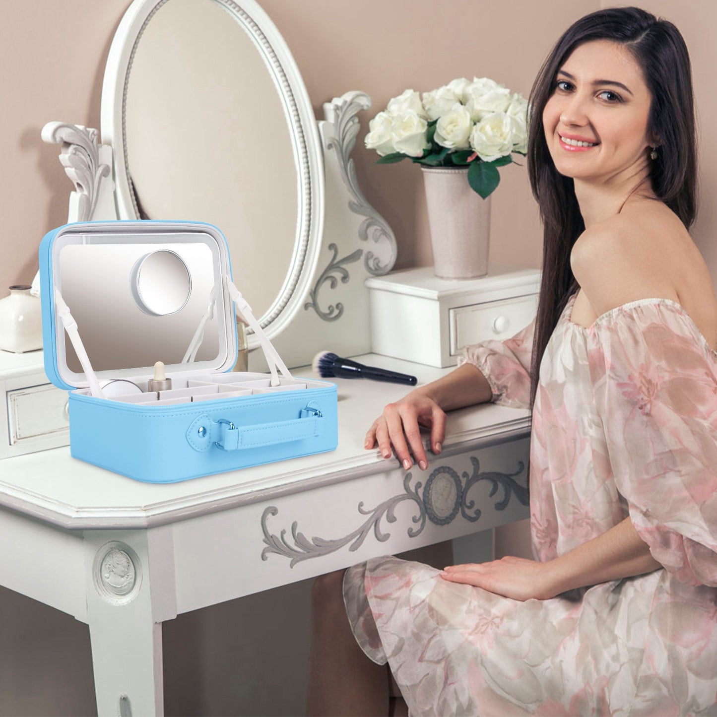 Travel Makeup Bag With 3 Light Colors Dimmable Brightness LED Mirror Detachable 10X Magnifying Mirror Adjustable Dividers Portable Waterproof Cosmetic