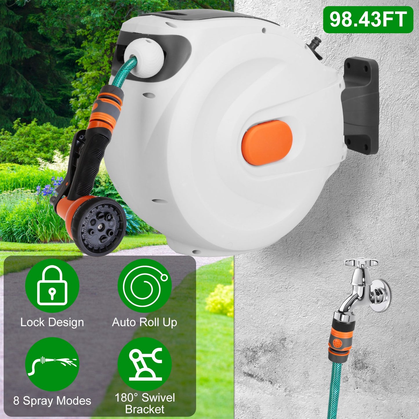 Retractable Garden Hose Reel Wall Mounted Automatic Water Hose Reel with Any Length Lock 8 Pattern Spraying Modes 180¡ Swivel Bracket