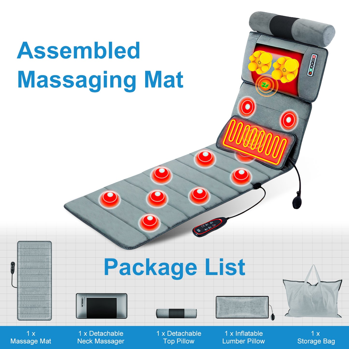 Full Body Electric Massage Mat with Heat Vibration Massage Pad Cushion Back Massage Mattress Chair Pad with Neck Massager Lumbar Pillow with 10 Vibrat