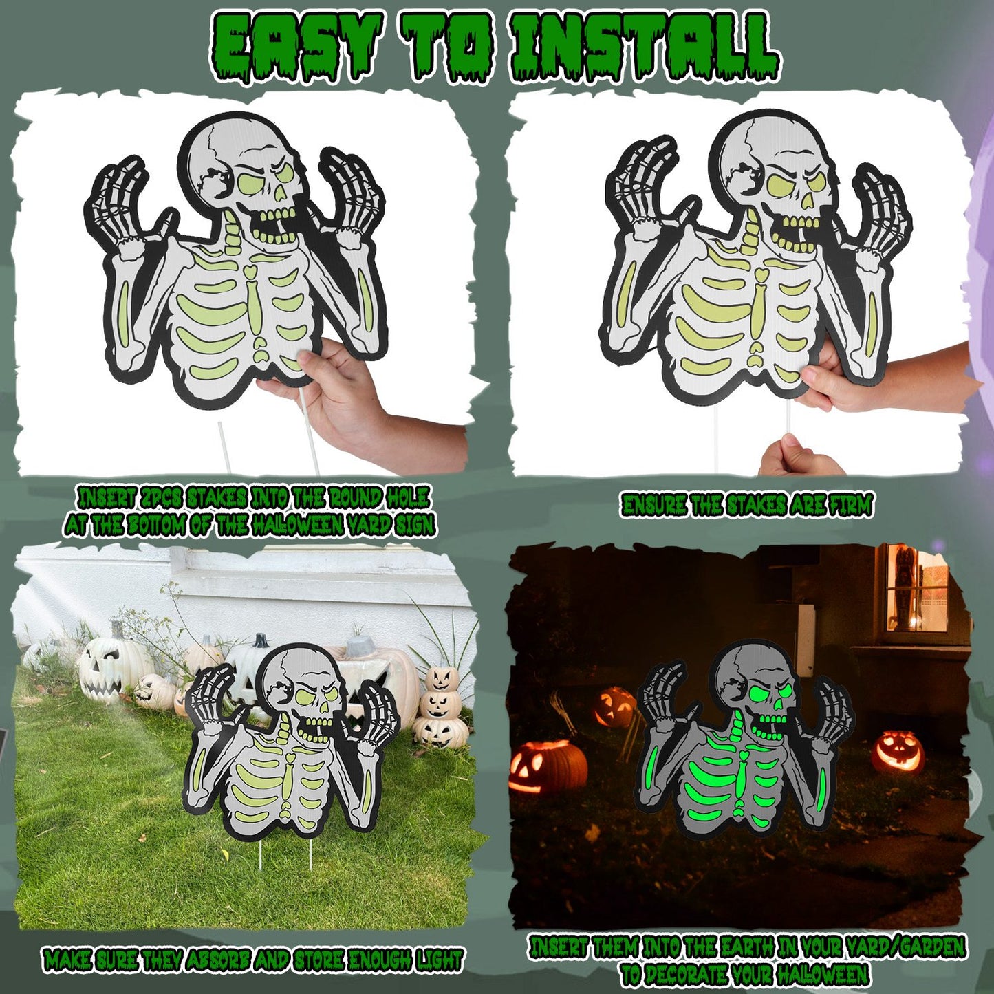 Halloween Skeleton Yard Sign Decorations 6Pcs Glow in the Dark Halloween Skull Fluorescence Lawn Garden Sign with 12 Stakes for Haunted House Garden Y