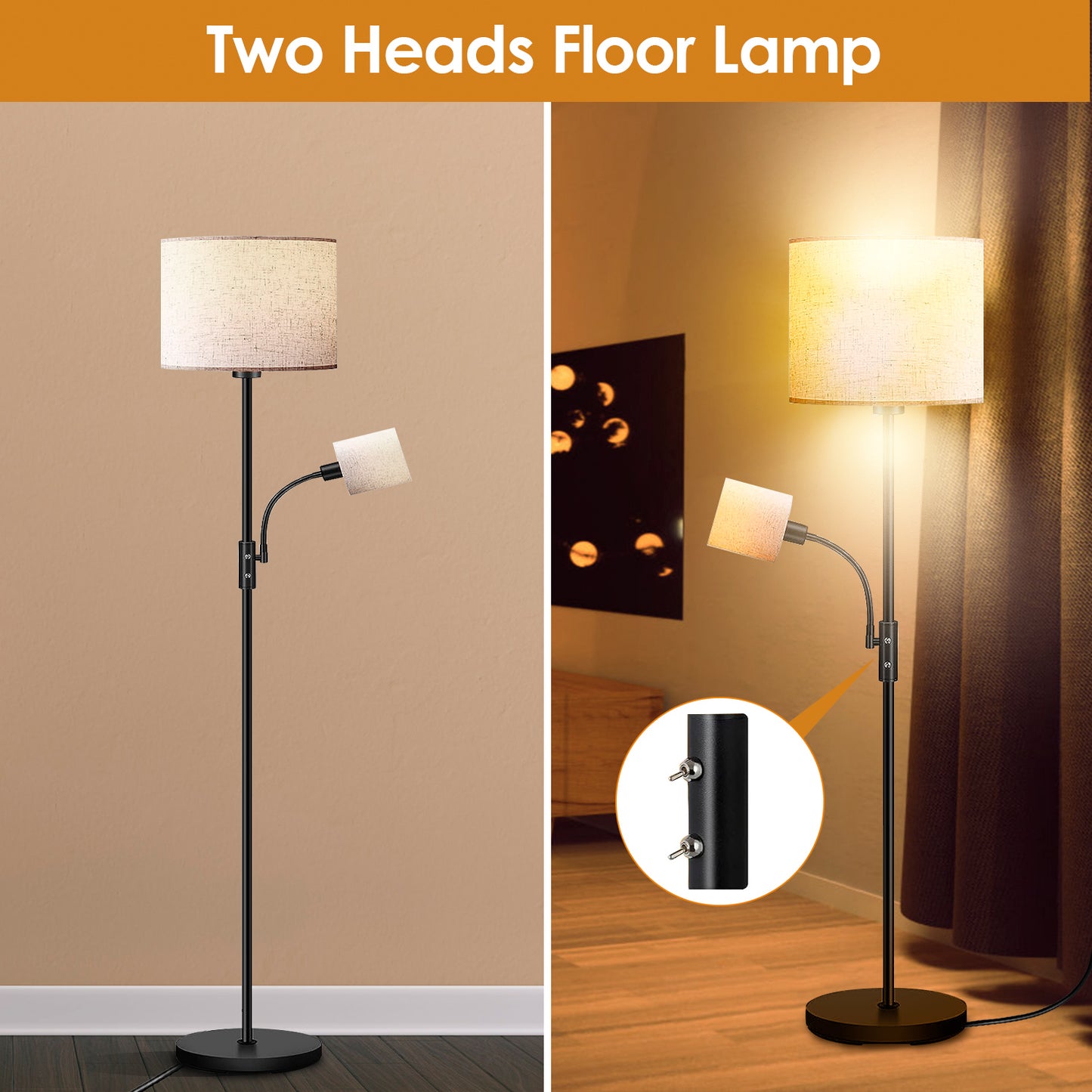 67.32In Mother Daughter Floor Lamp with Linen Shade 3200K Brightness 360¡ Adjustable Reading Light Modern Decoration Standing Lamp for Living Room Bed