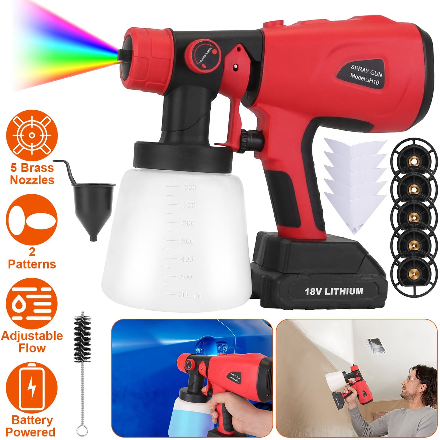 Portable Battery Powered ElectricÊPaint SprayerÊHVLP Spray Painting Gun Handheld Painter with 2 Spray Patterns 5 Nozzles 800ML Detachable Cup Flow Adj