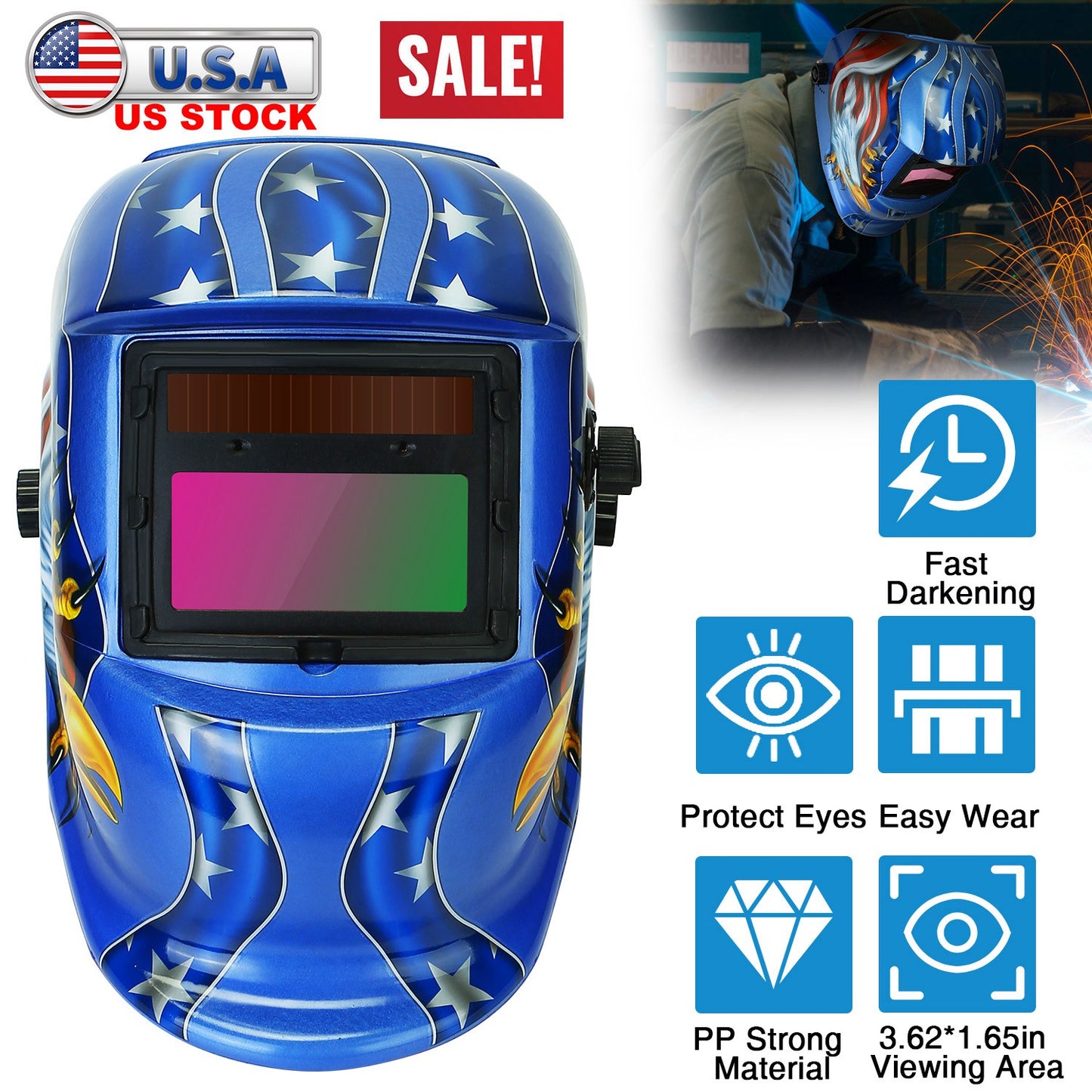 Welding Helmet Solar Powered Auto Darkening Hood with Adjustable Wide Shade Range 9-13 for Mig Tig Arc Weld Grinding Welder Mask