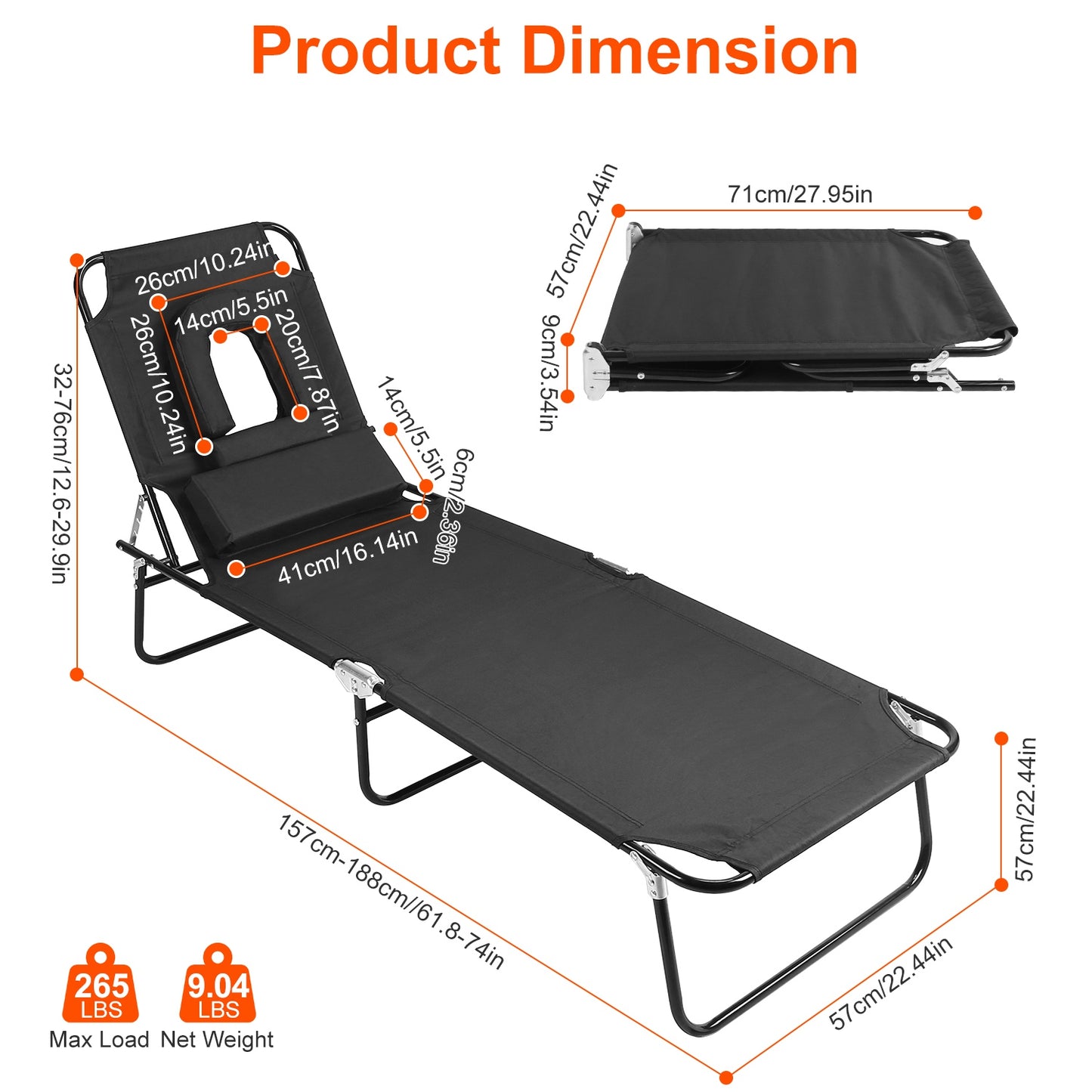 Folding Beach Lounge Chair Face DownÊTanning Chaise Sunbathing Recliner 265LBS Max Load with 5-Angle Backrest 3 Removable Pillows for Beach Pool Lawn