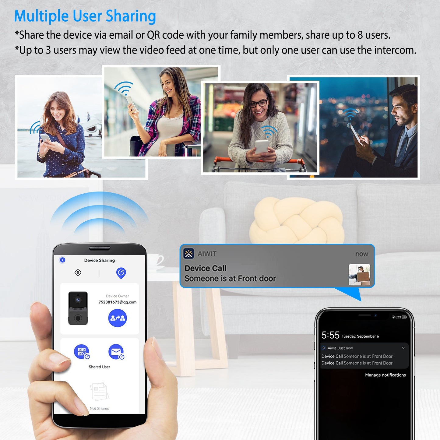 Smart Wireless Chime WiFi Doorbell Security 2 Way Intercom Visual Bell Chime Night Vision Camera Door Bell