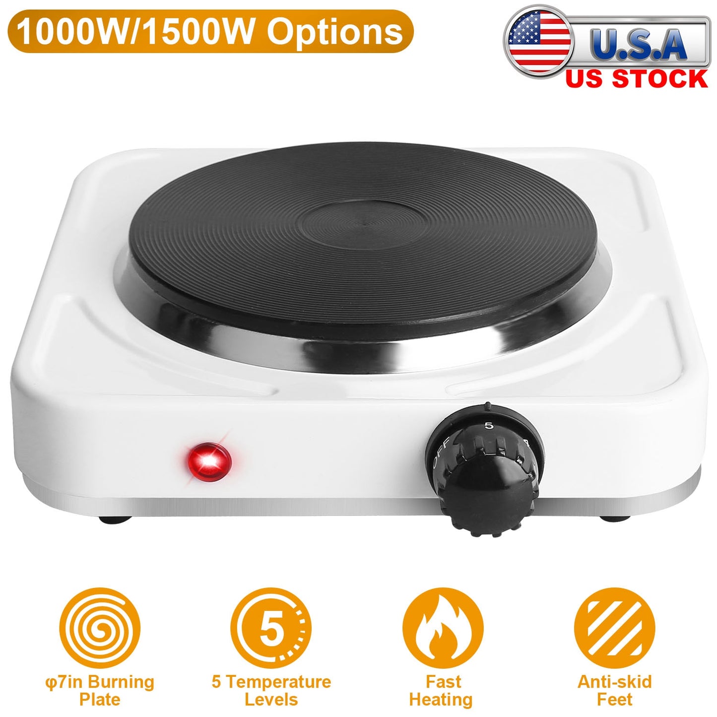 1500W Electric Single Burner Portable Heating Hot Plate Stove Countertop RV Hotplate with Non Slip Rubber Feet 5 Temperature Adjustments