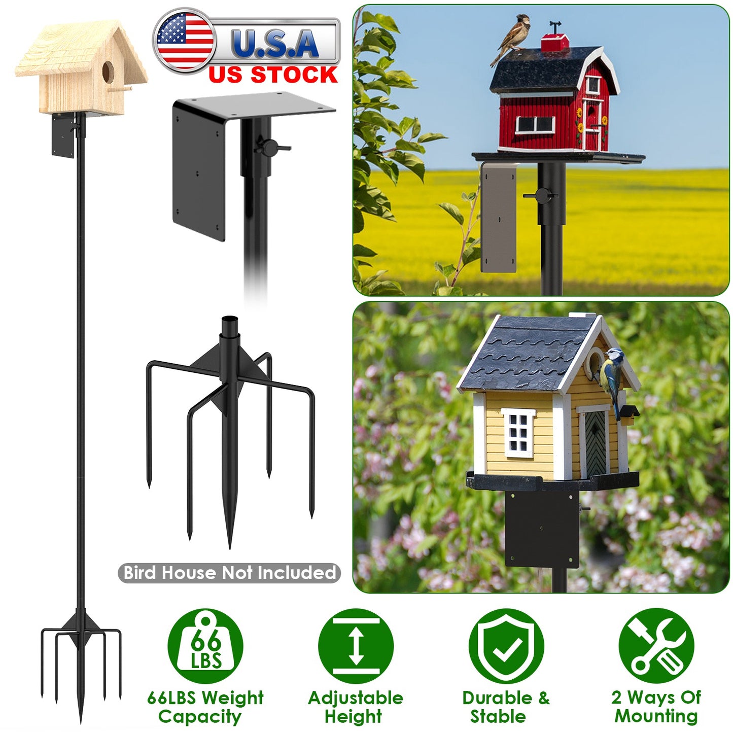 79.92in Bird House Pole Kit Height Adjustable Bird Feeder PoleÊMount Kit Heavy Duty Bird House Pole Set with 5 Prongs Base for Bird House Bird Feeder