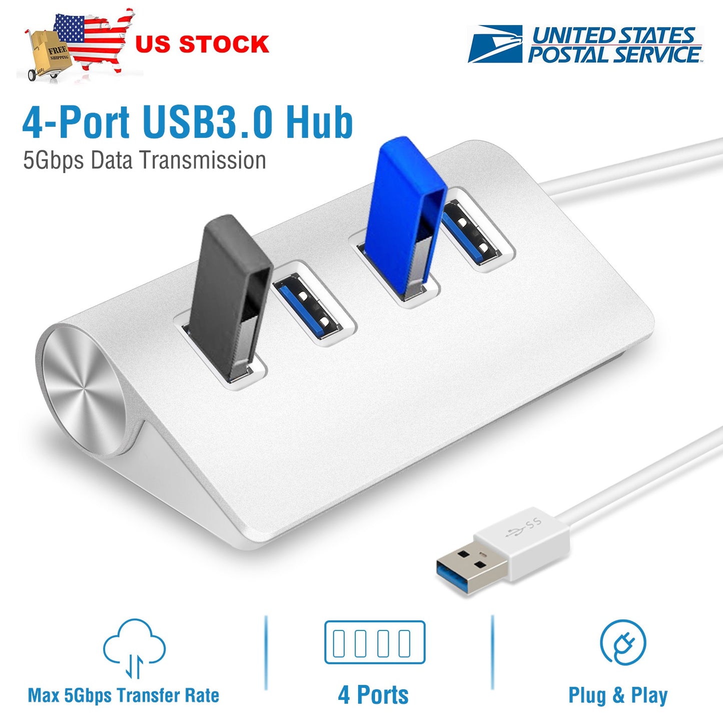4 Ports USB3.0 Hub 5Gbps USB3.0 Aluminum Expansion Hub Splitter File Video Date Reader Transmission For U Disk Flash Drive Mouse Digital Camera