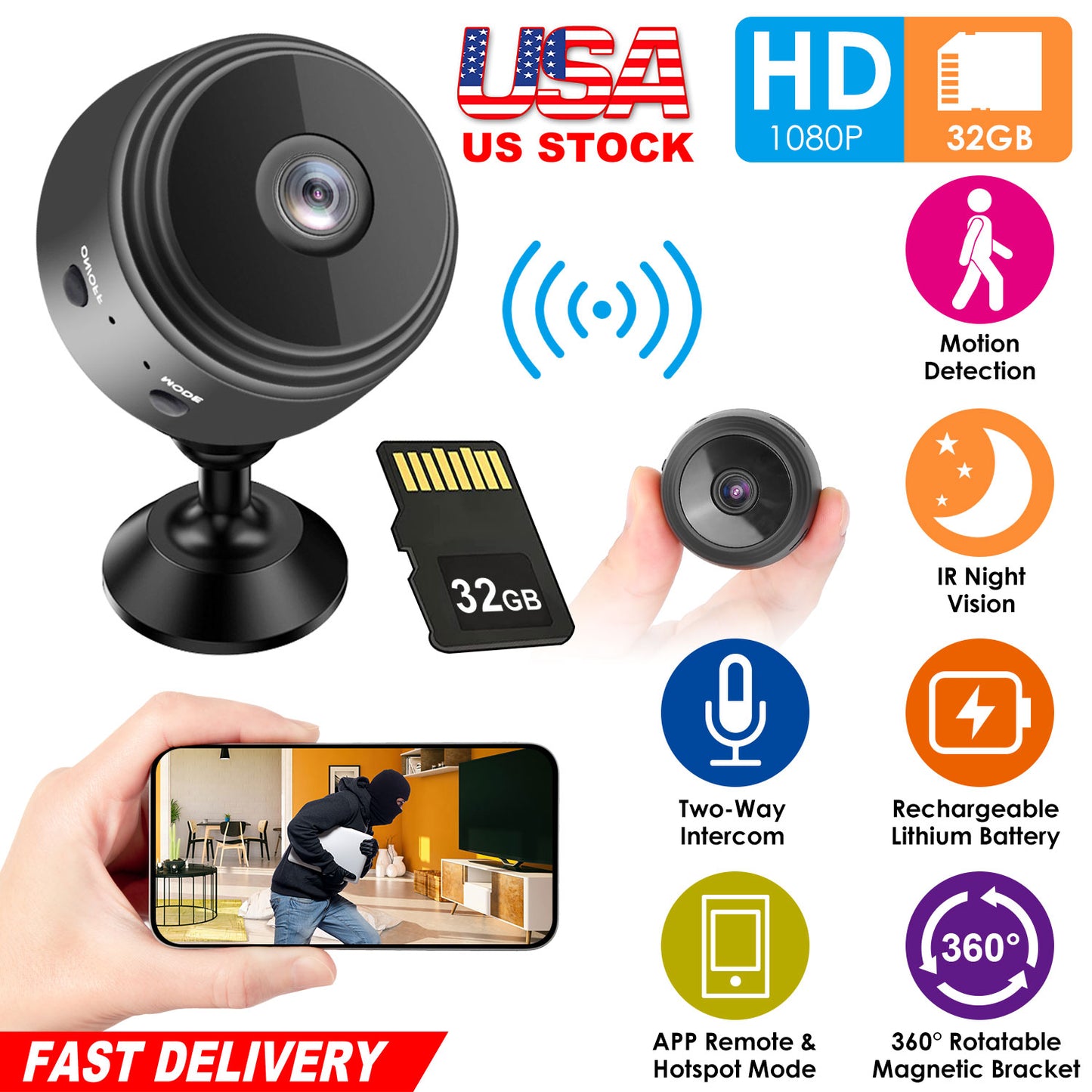 Mini CameraÊWireless Wifi IP Home Security Cam 1080P Full HD Surveillance Camera Nanny Cam w/ 32G MMC Card