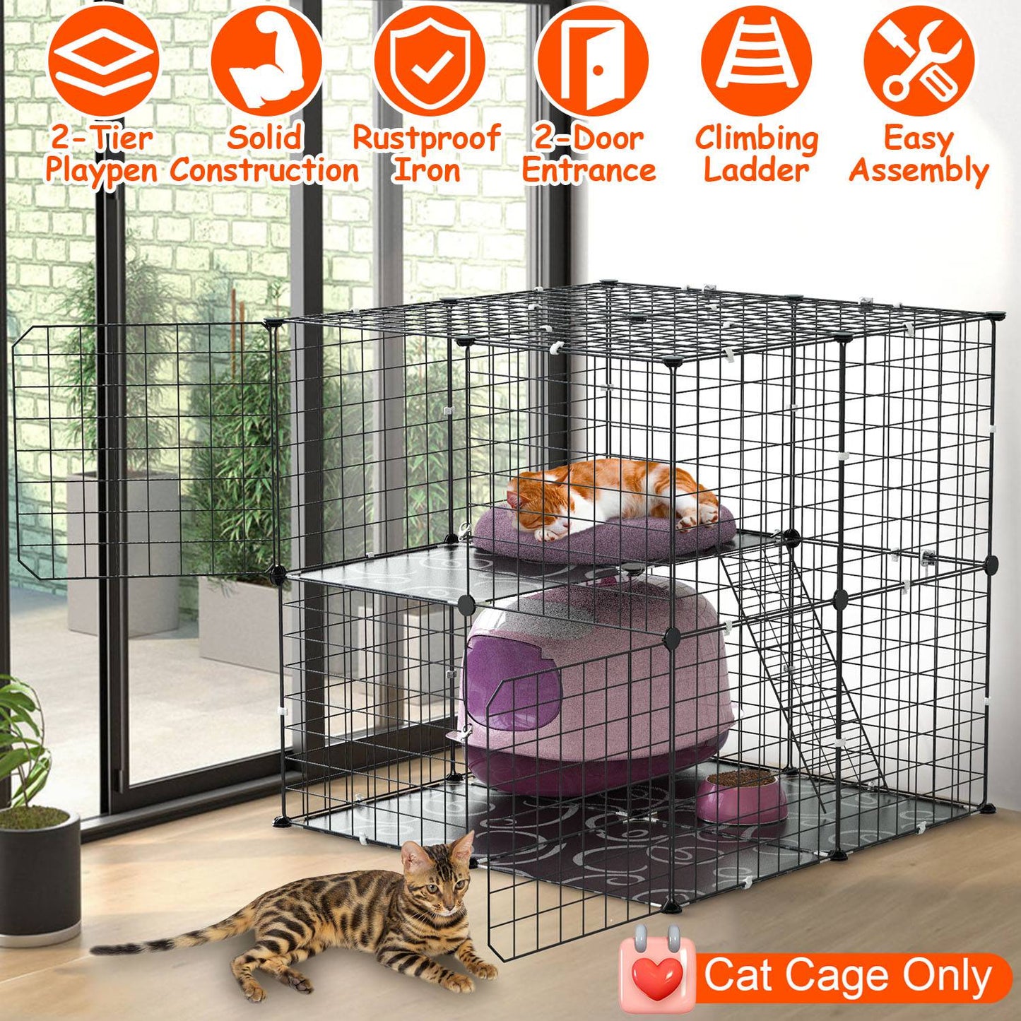 2Tier Cat Cage Playpen Indoor Pet Enclosures Kitten Kennel House Detachable Cat Crate with Climbing Ladder 2 Doors for 1-2 Cats for Ferret Squirrel Sm