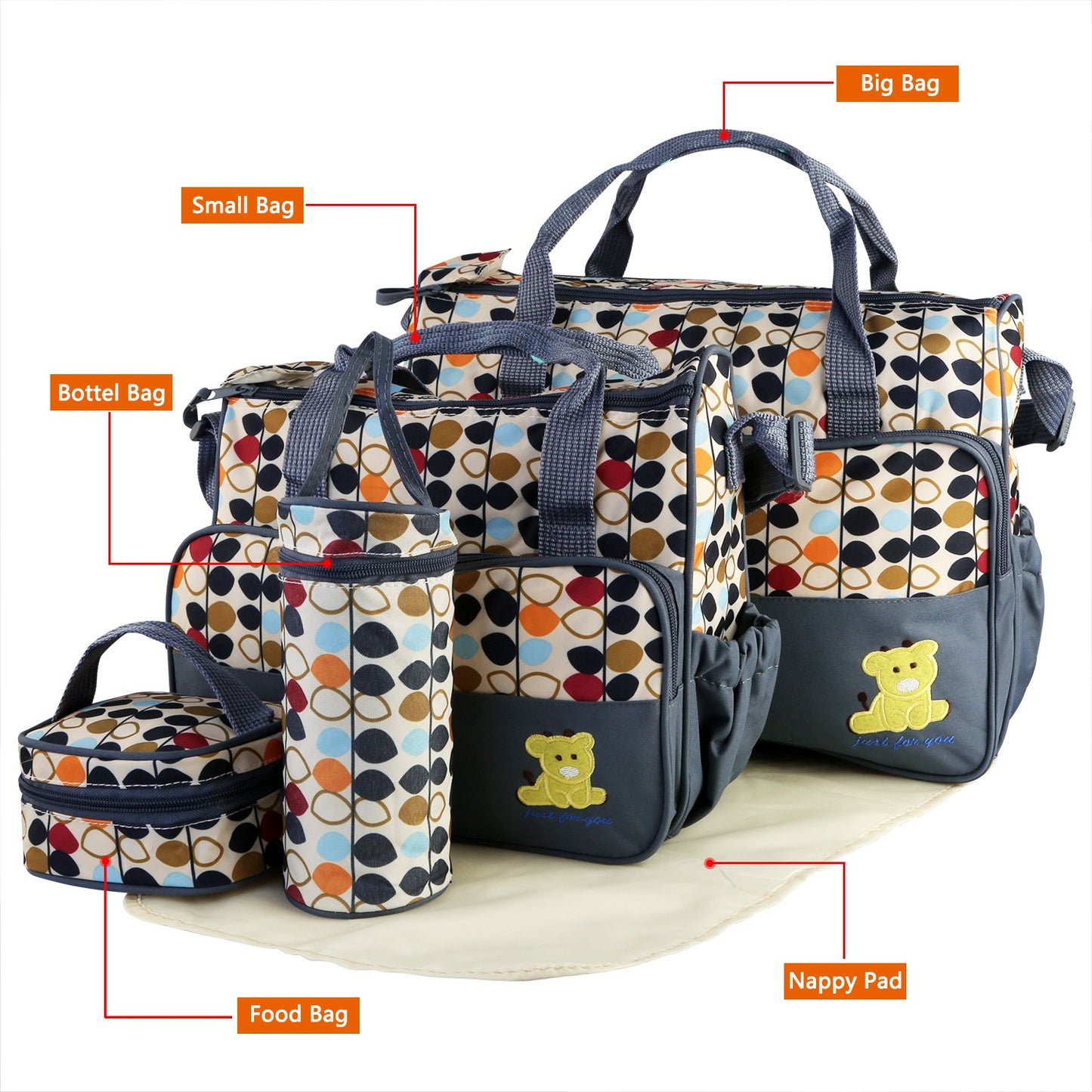 5PCS Baby Nappy Diaper Bags Set Mummy Diaper Shoulder Bags w/ Nappy Changing Pad Insulated Pockets Travel Tote Bags For Mom Dad