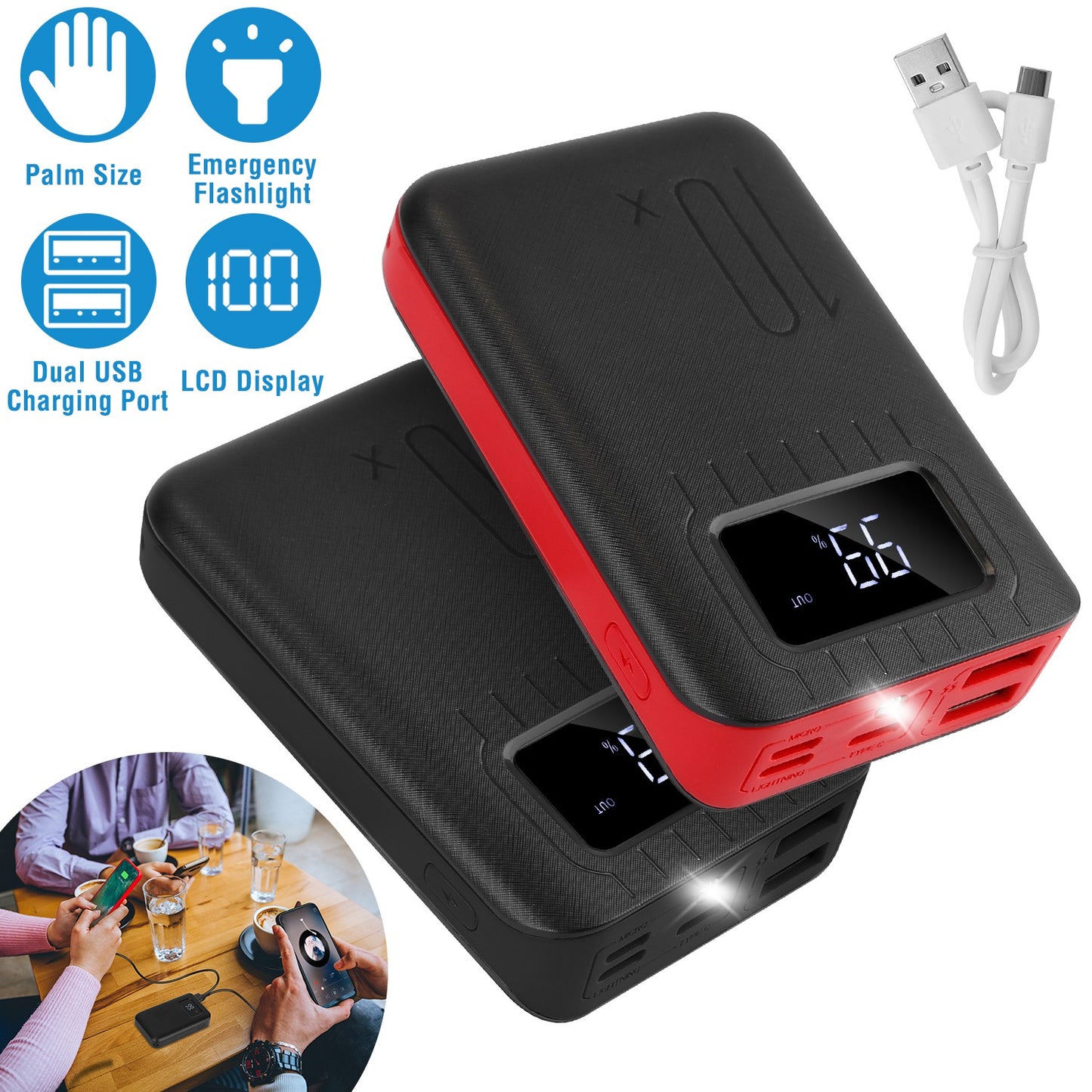 10000mAh Portable Power Bank External Battery Pack Charger Dual USB Charge Ports with LCD Display Flashlight Type C Micro USB Lightning Input Ports