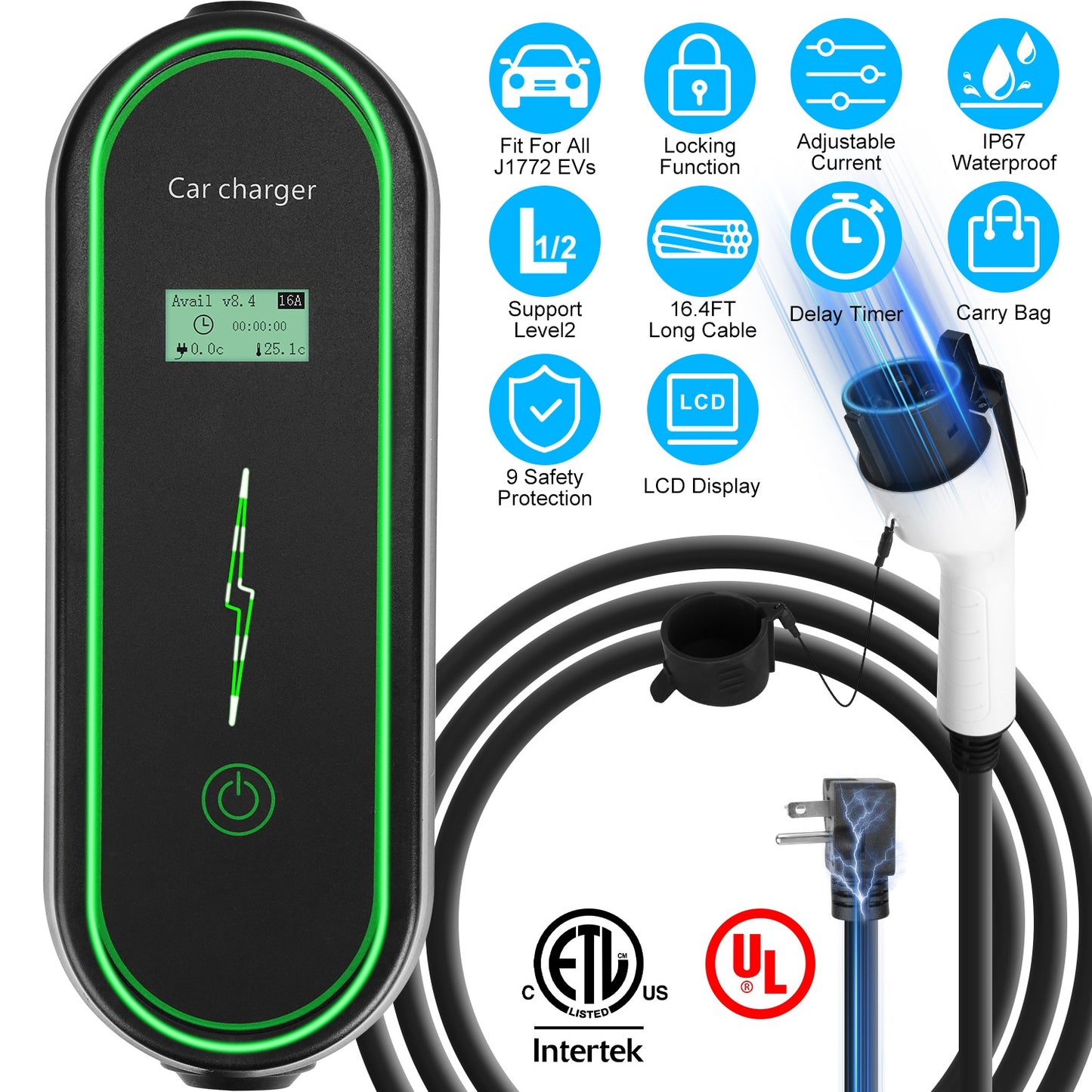 Level2 EV Charger Portable Electric Vehicle Charging Station with NEMA 6-20P PlugÊCarry Bag Fit For All J1772 EV and Hybrid Vehicles for Home and Outd