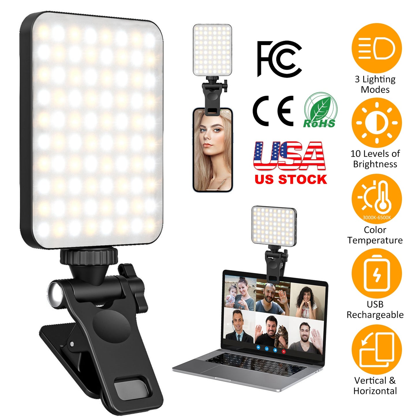 Rechargeable Selfie Light Fill Light 2000mAh Portable Clip On Light with 3 Light Modes 10 Brightness Levels for Phone Laptop Live Stream Make up Photo