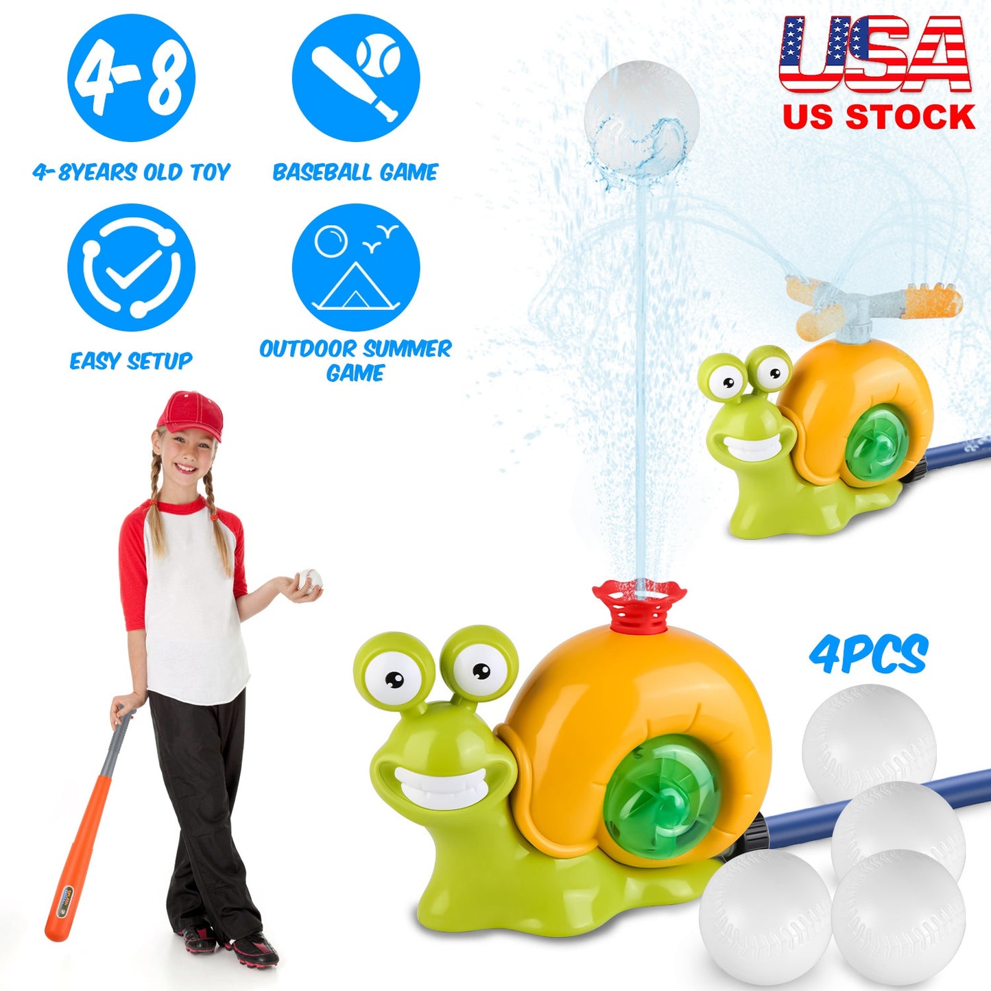 2 In 1 Snail Water Sprinkler Baseball Toy With 2 Sprinkler Nozzles 360¡ Rotating Spray Baseball Sprinkler Summer Water Toy For 4-8Years Old Boys Girls